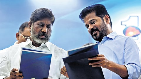 Chief Minister A Revanth Reddy, along with Deputy Chief Minister Mallu Bhatti Vikramarka, releases the invitation for the Telangana Rising Global Summit at the Secretariat in Hyderabad on Sunday.