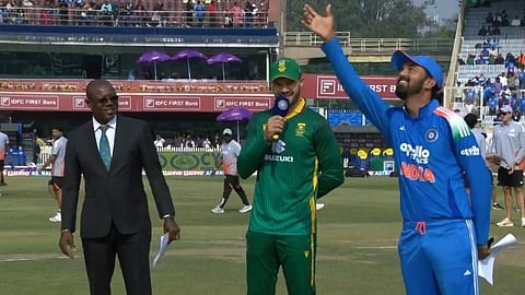 India captain KL Rahul tosses the coin as his South African counterpart Aiden Markram looks on