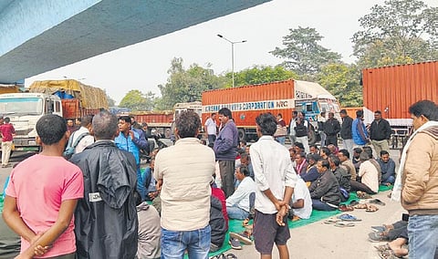 Farmers staging blockade on NH-53 near Sindurpankh chowk on Monday | Express