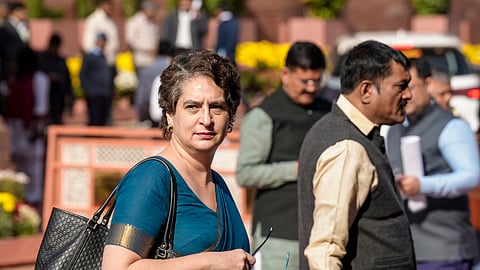 Congress General Secretary Priyanka Gandhi Vadra arrives on the first day of the Winter Session of Parliament, in New Delhi, Monday, Dec. 1
