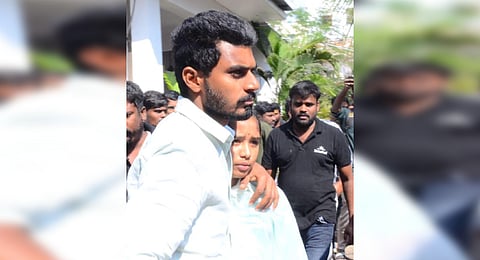 Sreeja and Chandrasekhar Goud are at the Sangareddy Police Station after getting married in Sangareddy on Sunday.