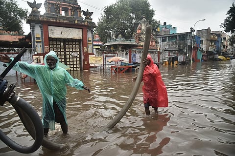 Waterlogging caused by heavy rains at Pattalam in Chennai on Monday, Dec 1, 2025.