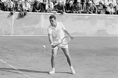 Italy's Nicola Pietrangeli in action during his Davis Cup singles tennis match against United States' Jon Douglas, in Rome, Oct 16, 1961.