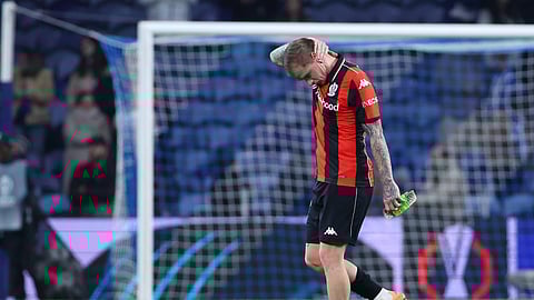 Nice's Melvin Bard reacts at the end of the Europa League opening phase soccer match between FC Porto and Nice in Porto, Portugal, Thursday, Nov. 27, 2025.