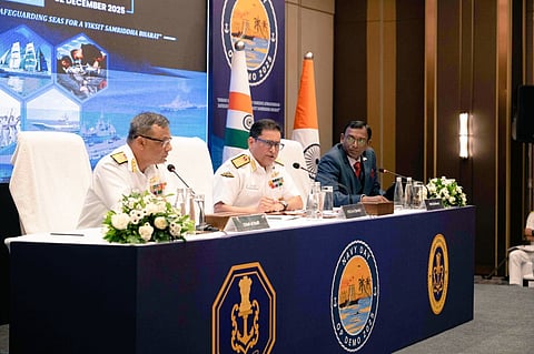 Vice Admiral Sameer Saxena (middle) addressing the media on the eve of the Navy Day operational demo.