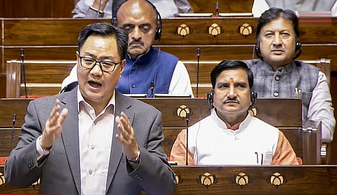 Union Minister Kiren Rijiju speaks during the Winter Session of Parliament, in New Delhi, Tuesday, Dec. 2, 2025. 