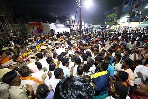 Hindu outfits stage protest near the path that leads to the hill top pressing to lit lamp atop of Thirupparankundram hill on Wednesday, Dec 3, 2025.