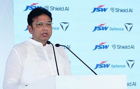 IT and Industries Minister D Sridhar Babu speaking at the Bhoomi Pooja ceremony for the proposed JSW Unmanned Aerial Vehicle (UAV) Facility at the Electronic Manufacturing Cluster (EMC), Maheshwaram.