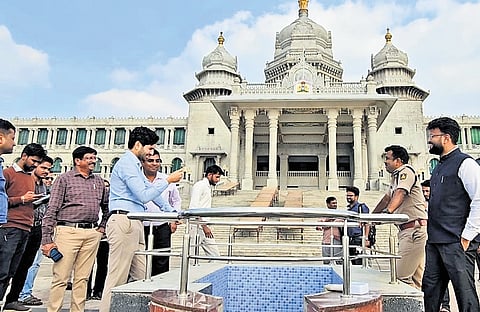 Belagavi Deputy Commissioner Mohammad Roshan reviews preparations for the winter session at Suvarna Vidhana Soudha on Wednesday.