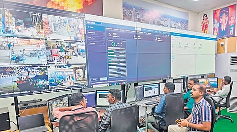 The AI-camera control room set up to monitor crowds at the temple.
