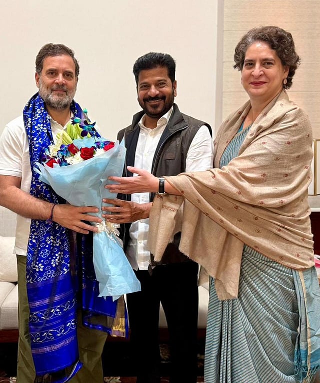 Chief Minister Revanth Reddy welcoming Congress leaders Rahul Gandhi and Priyanka Gandhi Vadra.