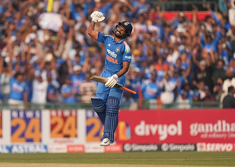 South Africa's Aiden Markram (L) celebrates after scoring a century (100 runs) during the second one-day international (ODI) cricket match between India and South Africa at the Shaheed Veer Narayan Singh International Cricket Stadium in Raipur on December 3, 2025. 