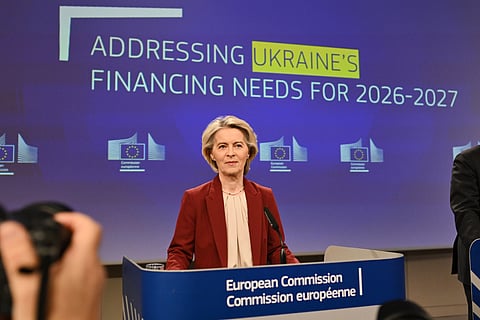 European Commission President Ursula von der Leyen addresses a media conference regarding Ukraine's financing needs for 2026-2027 at EU headquarters in Brussels, Wednesday, Dec. 3, 2025.