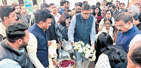 BJP national vice-president Baijayant Panda pay tribute to late Swaraj Kaushal in Delhi