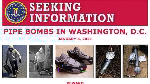 FILE - This image shows part of a "Seeking Information" notice released by the Federal Bureau of Investigation regarding pipe bombs planted outside offices of the Democratic and Republican national committees in Washington on Jan. 5, 2021, on the eve of the attack on the Capitol.
