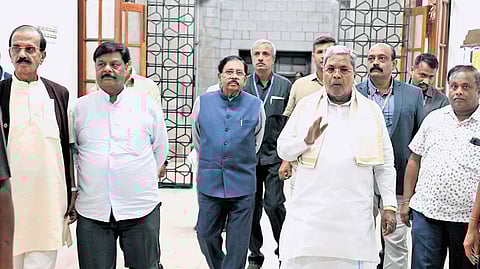 Chief Minister Siddaramaiah and ministers arrive to attend the cabinet meeting at Vidhana Soudha in Bengaluru on Thursday