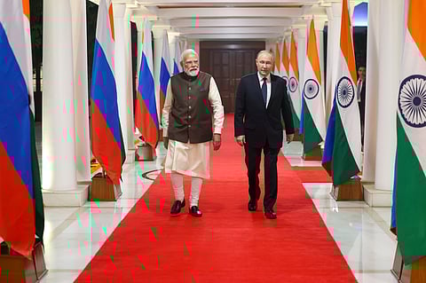 Prime Minister Narendra Modi with Russian President Vladimir Putin at his official residence, at 7, Lok Kalyan Marg, in New Delhi. 
