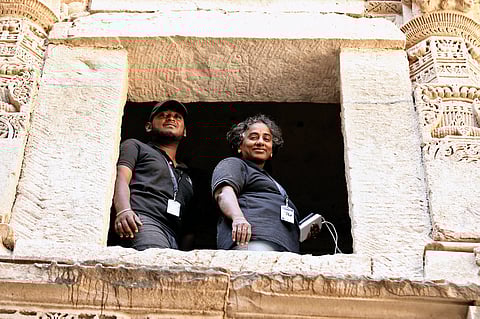 Sathya Govindarajulu with a teammate at a site; (above) mapped artefact