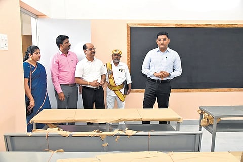 Collector K J Praveen Kumar and Setin Dilip Babu inagurating the new classrooms at the corporation school in Avaniyapuram  | express