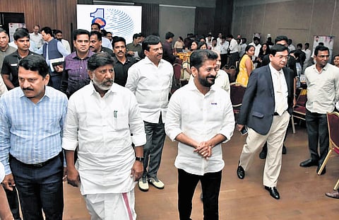 Chief Minister A Revanth Reddy and Deputy Chief Minister Mallu Bhatti Vikramarka visit the Telangana Rising Summit war room on Friday