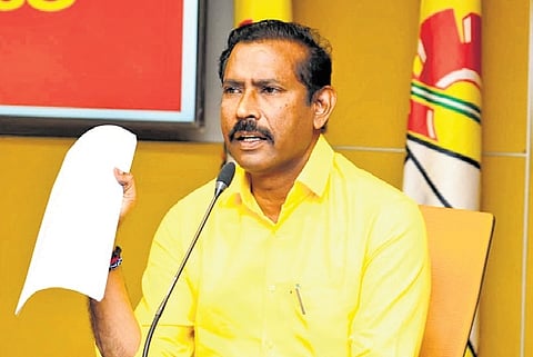  TDP state president and Gajuwaka MLA Palla Srinivasa Rao addressing a press conference in Visakhapatnam on Friday. 