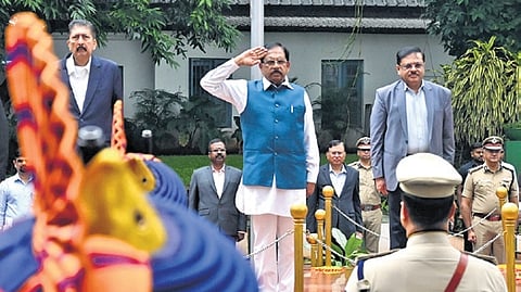 Home Minister Dr G Parameshwara at the launch of ‘Hygiene on Go’, a mobile sanitation vehicle, in Bengaluru on Friday.