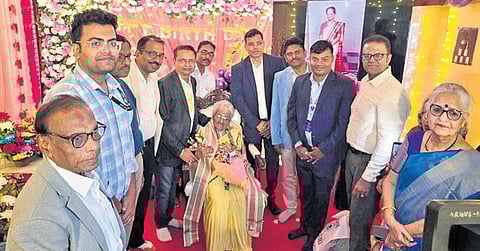 Dr K Laxmi Bai celebrating her centenary birthday with others on Friday.