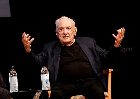 Architect Frank Gehry desribes his concert hall design at the Colburn School during an unveiling in downtown, Los Angeles on Wednesday, March 16, 2022 