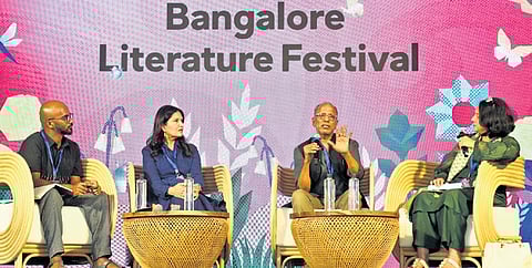 Panelists for the session  ‘What do men fear? Peeping into the male mind’, Dilip Pattubala, Sonora Jha, and Kartikeyan V at the Literature Festival 