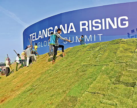 A worker is seen spraying green colour on carpet grass on Saturday as part of arrangements for the Telangana Rising Global Summit at Kandukur | Vinay Madapu