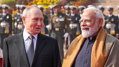 Prime Minister Narendra Modi with Russian President Vladimir Putin during the latter's ceremonial welcome at the Rashtrapati Bhavan, in New Delhi, Friday, Dec. 5, 2025. 