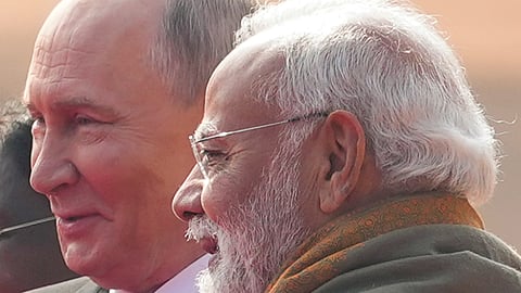 Prime Minister Narendra Modi with the Russian President Vladimir Putin during the latter's ceremonial welcome at the Rashtrapati Bhavan, in New Delhi, Friday, Dec. 5, 2025. 