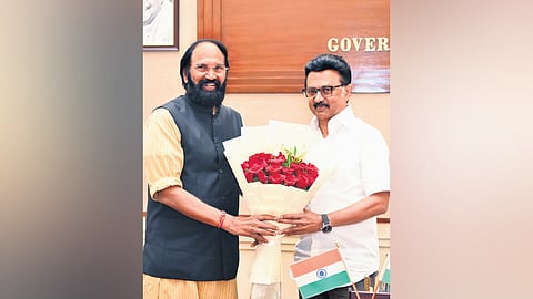 Irrigation Minister N Uttam Kumar Reddy greets Tamil Nadu Chief Minister MK Stalin in Chennai on Friday 