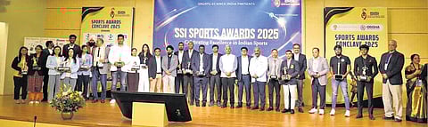 Awardees along with chief secy Manoj Ahuja, SSI founder Dr Sarthak Patnaik and others at the award ceremony on Saturday