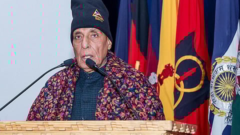 Union Defence Minister Rajnath Singh addresses the soldiers during the dedication to the nation of 125 border infrastructure projects, in Leh on Sunday. 