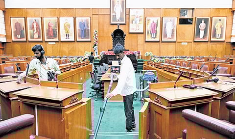 Last-minute preparations on at Suvarna Vidhana Soudha in Belagavi on Sunday