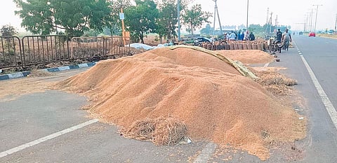 Paddy stocked on the road for being shifted to mills in Krishna district.