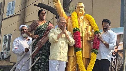 TDP MLA Gadde Rammohan Rao, TD Janardhan unveils Dr BR Ambedkar statue in Vijayawada.