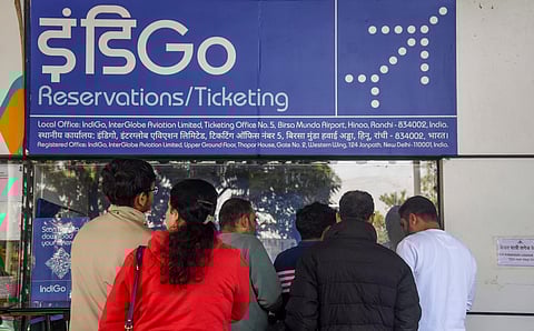 Passengers at an IndiGo airlines counter amid flight disruptions, at Chhatrapati Shivaji Maharaj International Airport in Mumbai, Sunday, Dec. 7, 2025. 