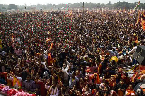 Thousands of devotees, including sadhus and sadhvis from across West Bengal and adjoining States gather during the Gita Path spiritual program organised by Sanatan Sansrikiti Sansad at Brigade Parade ground, in Kolkata on Sunday.