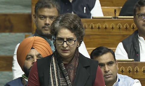 Priyanka Gandhi speaks during the discussion on '150 years of Vande Mataram' in Lok Sabha. 