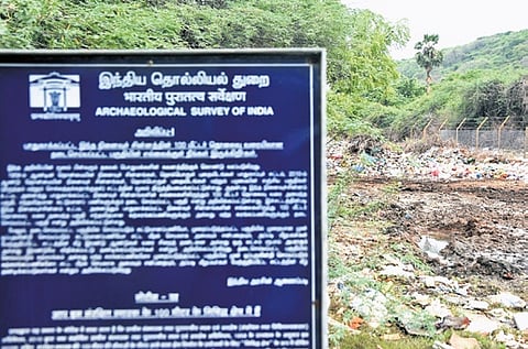 Waste dumped at the archaeological site at Nookampalayam village in Perumbakkam.