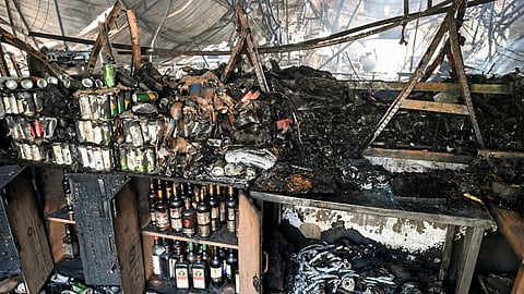 Charred remains of the nightclub after a fire broke out due to a cylinder blast, in North Goa district, Sunday, Dec. 7, 2025.