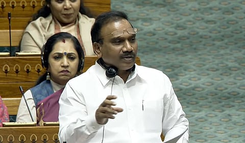 DMK MP A Raja speaks during discussion in Lok Sabha on 150 years of Vande Mataram. 