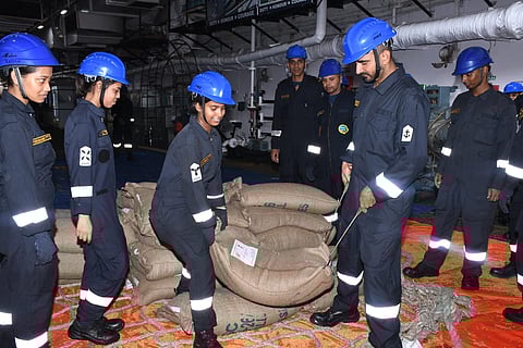 Relief supplies from INS Vikrant and INS Udaygiri, including 4.5 tons of dry rations, 2 tons of fresh rations, and essential items, were handed over to the Sri Lankan authorities as assistance to the affected families. 