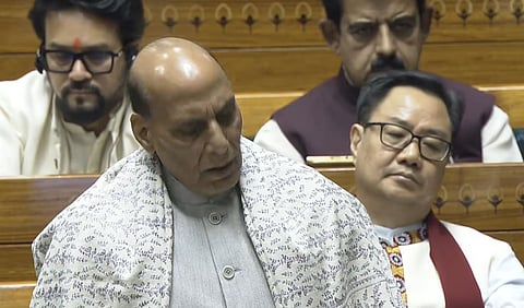 Defence Minister Rajnath Singh speaks during a discussion on '150 years of Vande Mataram' in the Lok Sabha. 