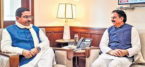AP’s Civil Supplies Minister Nadendla Manohar met Union Minister for Consumer Affairs, Food and Public Distribution Prahlad Joshi in Delhi on Monday | Express