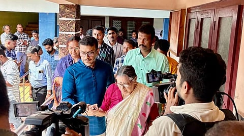 Former chief minister V S Achuthanandan’s wife Vasumathi and son Arun Kumar
arriving at the Buds School polling station in Punnapra near Alappuzha
