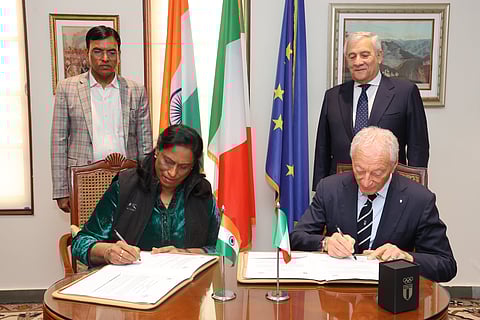 IOA president PT Usha (Sitting, L) and CONI president Luciano Buonfiglio at the event