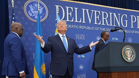 US President Donald Trump arrives for a signing ceremony with Rwanda's President Paul Kagame and Democratic Republic of Congo President Felix-Antoine Tshisekedi at the US Institute of Peace, Thursday, Dec. 4, 2025, in Washington.